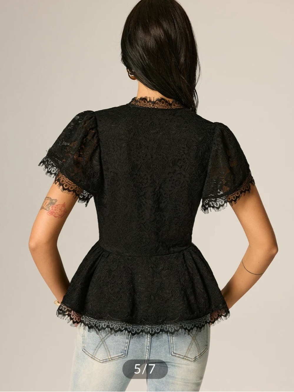 Commens V Neck Lace Peplum Short Sleeve Top - Picture 5 of 10